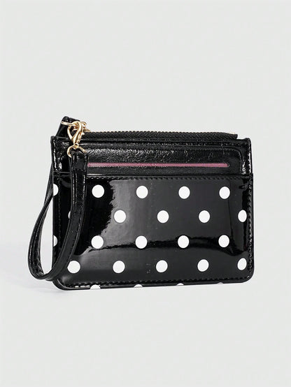 ROMWE 1Pc Y2K Polka Dot Mini Coin Purse, Fashion PU Small Wallet, Kawaii Style Card Holder, ID Document Storage Bag, Detachable Multi-Layer Slim Polka Dot Card Organizer