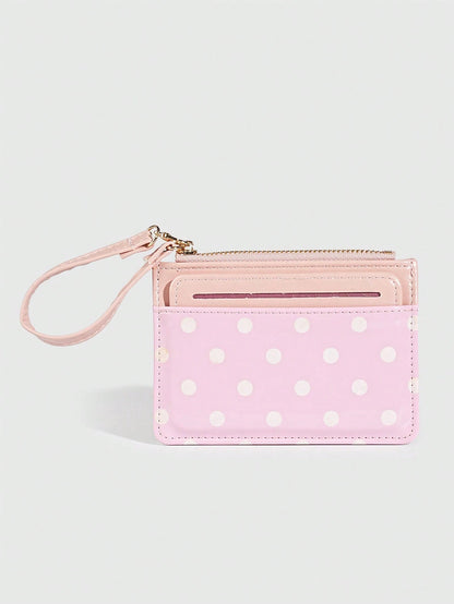 ROMWE 1Pc Y2K Polka Dot Mini Coin Purse, Fashion PU Small Wallet, Kawaii Style Card Holder, ID Document Storage Bag, Detachable Multi-Layer Slim Polka Dot Card Organizer