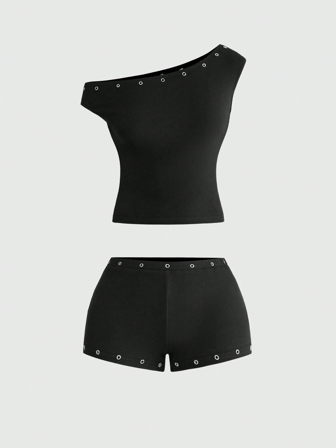 ROMWE Asymmetric Neck Metal Grommet Crop Top & Super Low-Rise Mini Shorts 2 Pieces Set