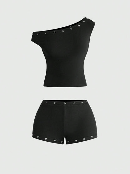 ROMWE Asymmetric Neck Metal Grommet Crop Top & Super Low-Rise Mini Shorts 2 Pieces Set