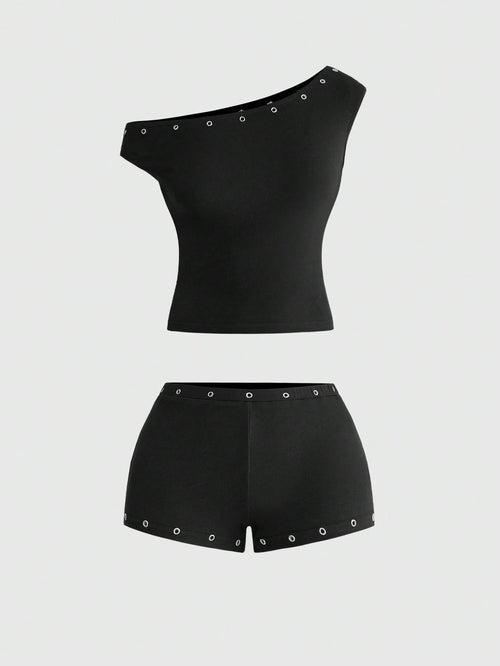 ROMWE Asymmetric Neck Metal Grommet Crop Top & Super Low-Rise Mini Shorts 2 Pieces Set