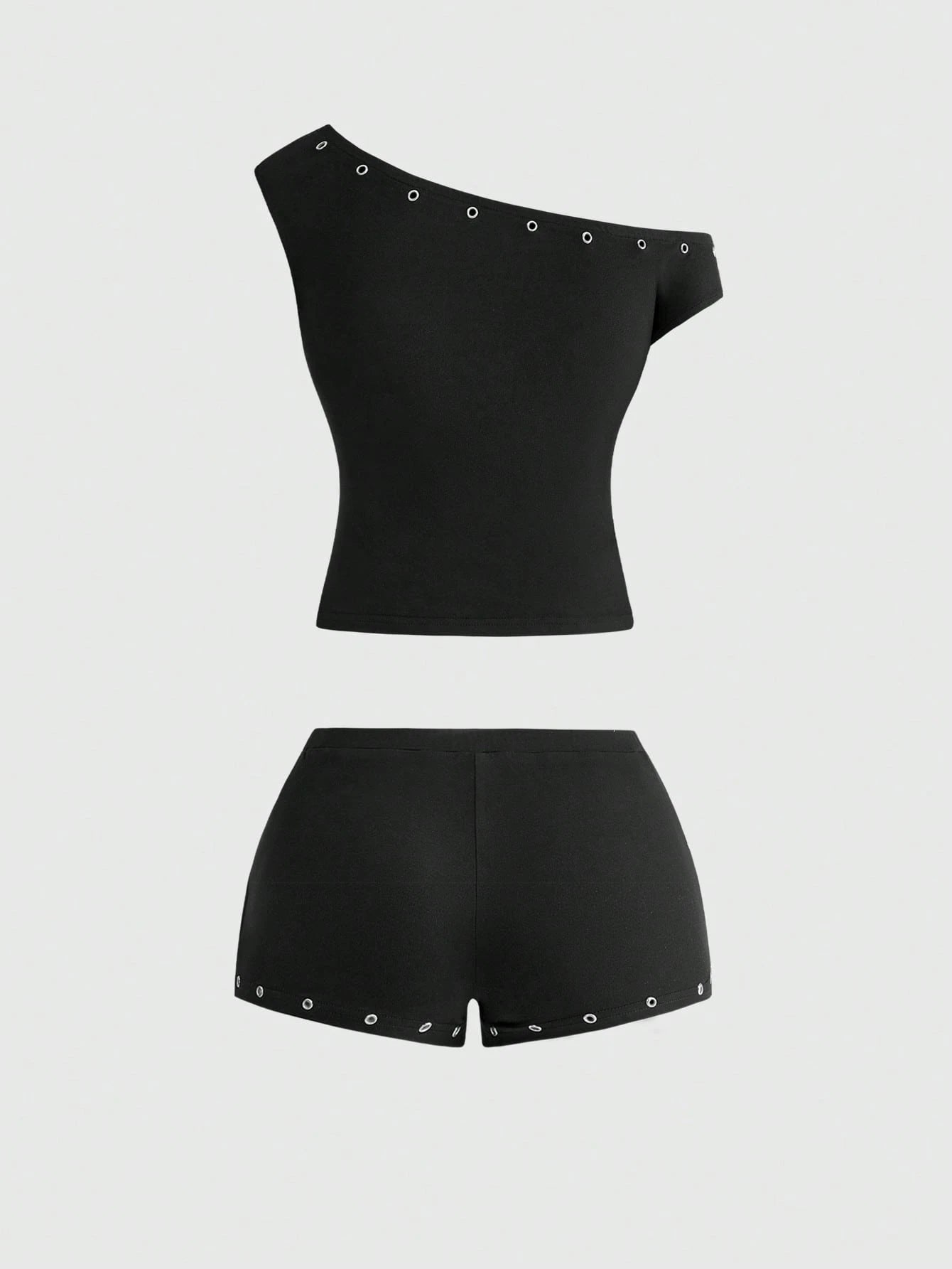 ROMWE Asymmetric Neck Metal Grommet Crop Top & Super Low-Rise Mini Shorts 2 Pieces Set