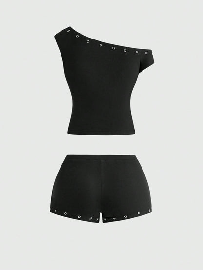 ROMWE Asymmetric Neck Metal Grommet Crop Top & Super Low-Rise Mini Shorts 2 Pieces Set