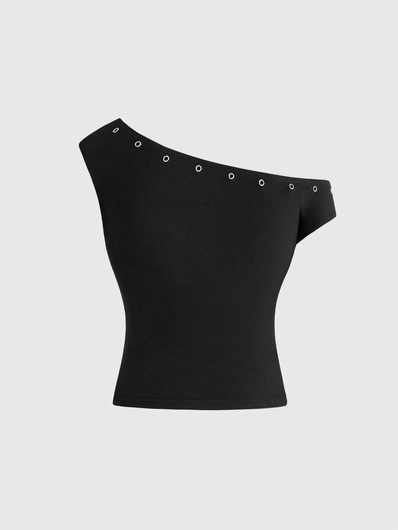 ROMWE Asymmetric Neck Metal Grommet Crop Top & Super Low-Rise Mini Shorts 2 Pieces Set