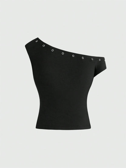 ROMWE Asymmetric Neck Metal Grommet Crop Top & Super Low-Rise Mini Shorts 2 Pieces Set