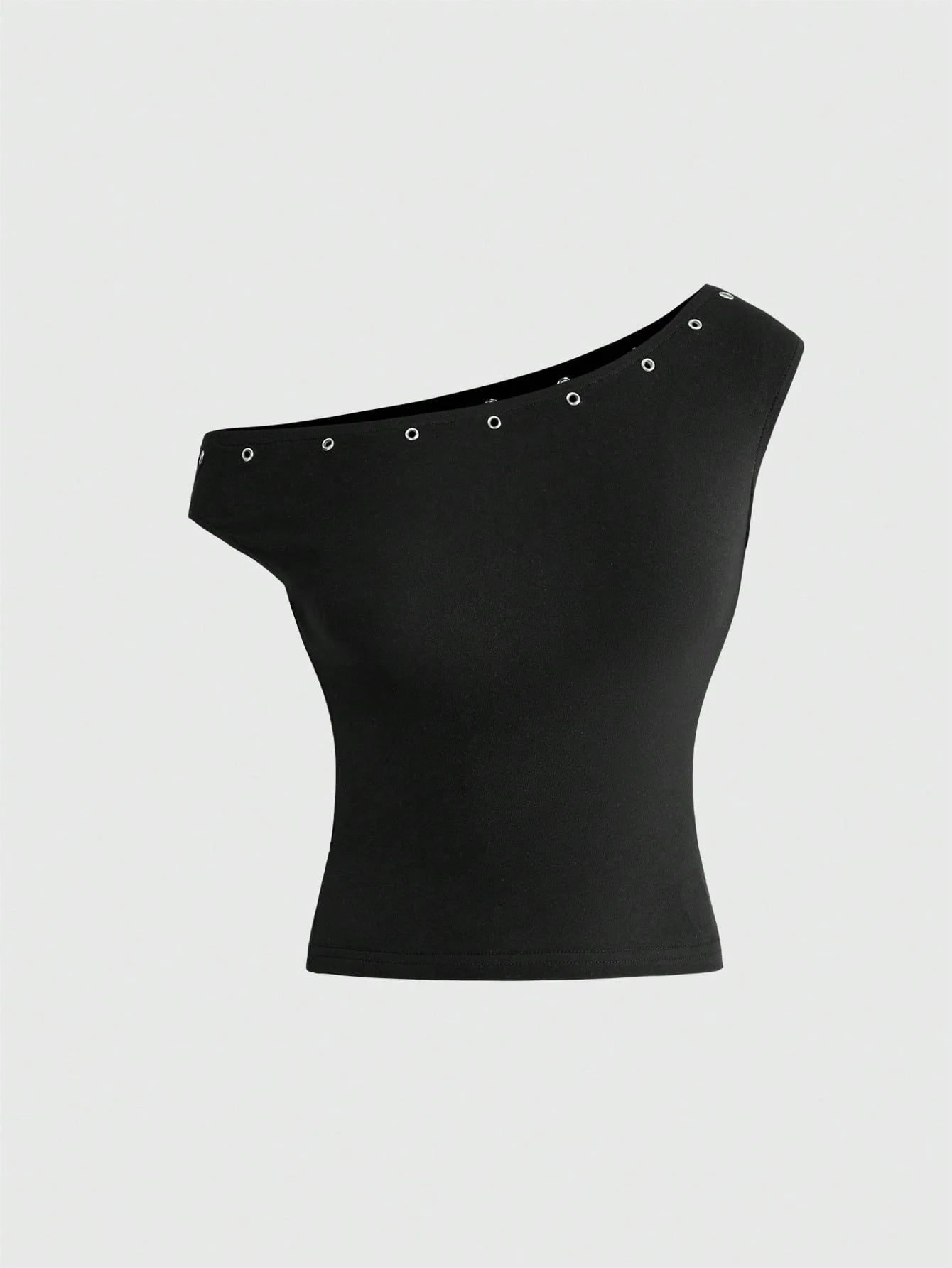 ROMWE Asymmetric Neck Metal Grommet Crop Top & Super Low-Rise Mini Shorts 2 Pieces Set