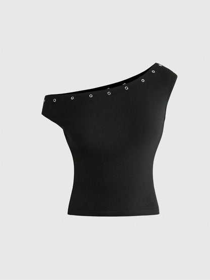 ROMWE Asymmetric Neck Metal Grommet Crop Top & Super Low-Rise Mini Shorts 2 Pieces Set