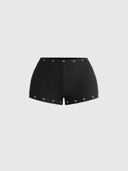 ROMWE Asymmetric Neck Metal Grommet Crop Top & Super Low-Rise Mini Shorts 2 Pieces Set