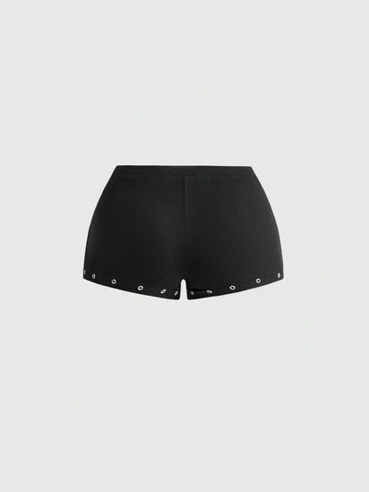 ROMWE Asymmetric Neck Metal Grommet Crop Top & Super Low-Rise Mini Shorts 2 Pieces Set
