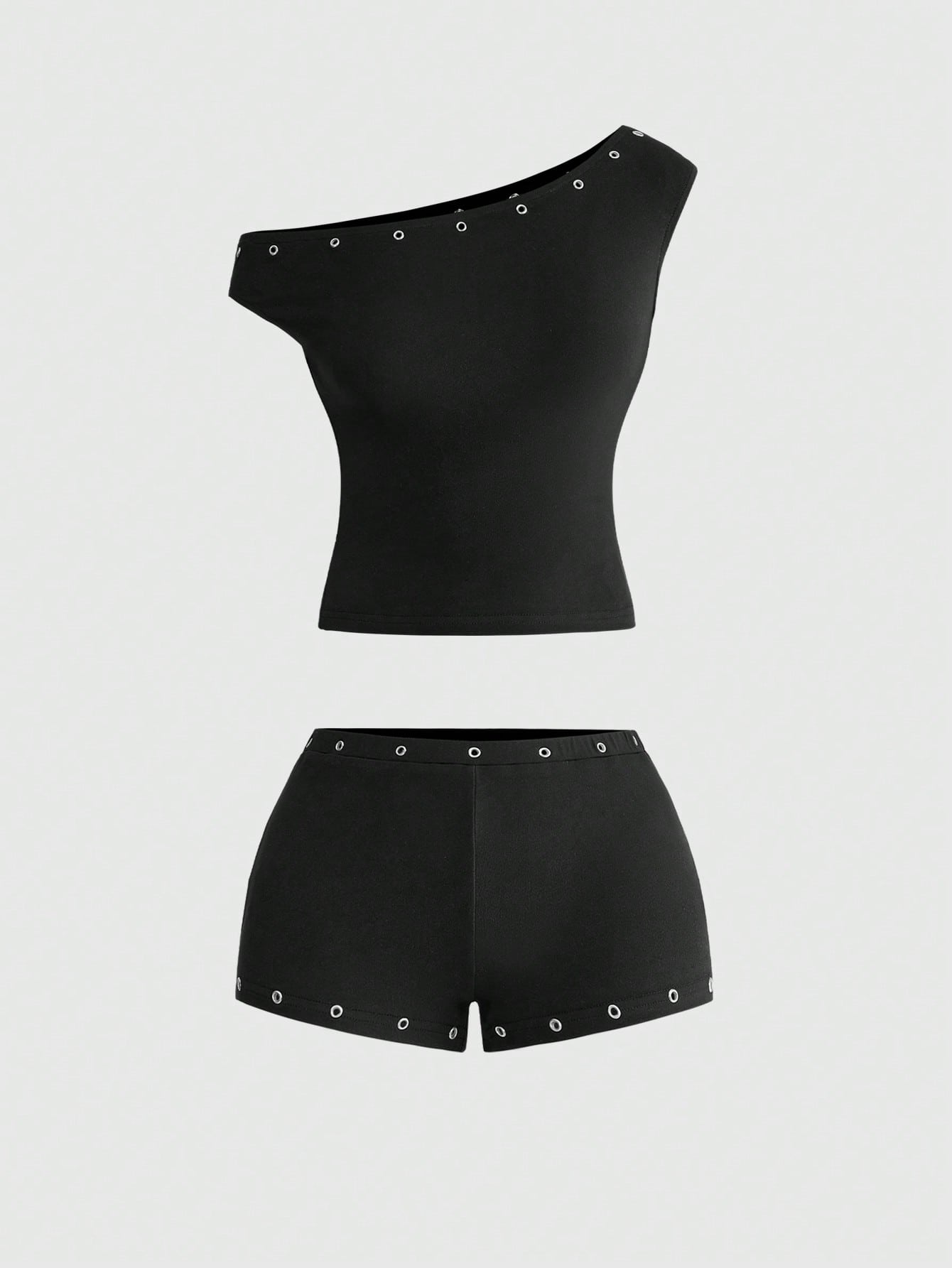 ROMWE Asymmetric Neck Metal Grommet Crop Top & Super Low-Rise Mini Shorts 2 Pieces Set