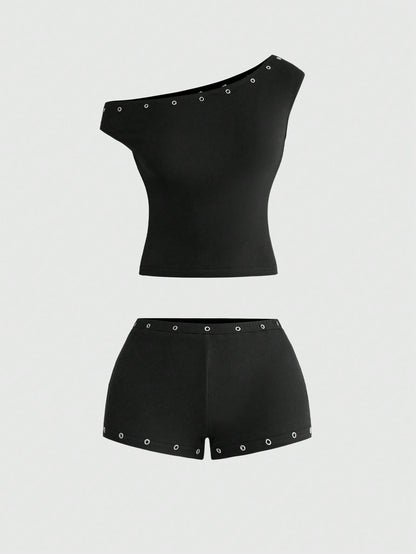 ROMWE Asymmetric Neck Metal Grommet Crop Top & Super Low-Rise Mini Shorts 2 Pieces Set