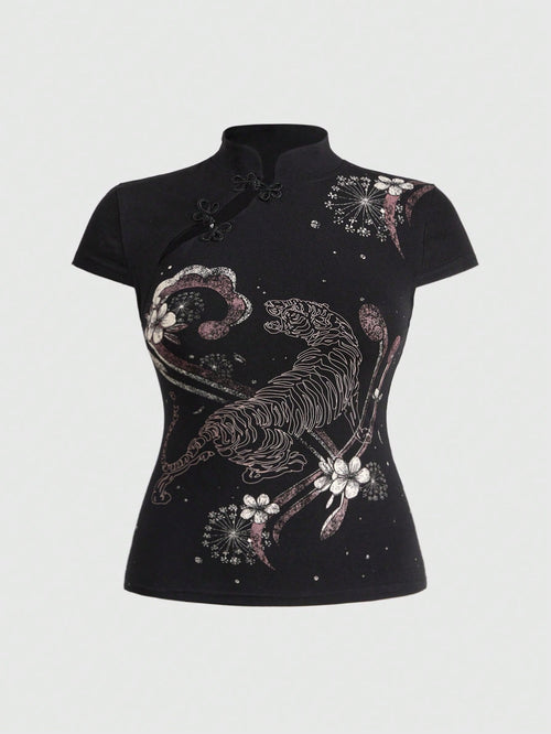 ROMWE Avant Summer Outfits Distinctive Chinese Style Mandarin Collar Tiger Print Slim Fit Plus Size Women Top Chinese Style Top