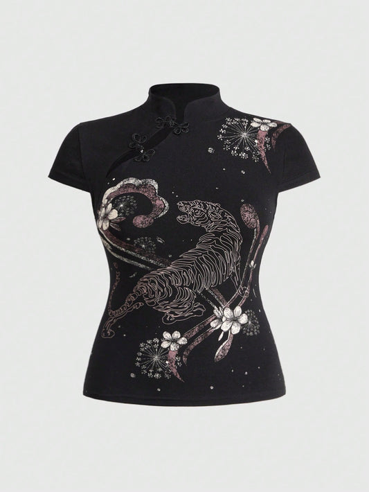 ROMWE Avant Summer Outfits Distinctive Chinese Style Mandarin Collar Tiger Print Slim Fit Plus Size Women Top Chinese Style Top
