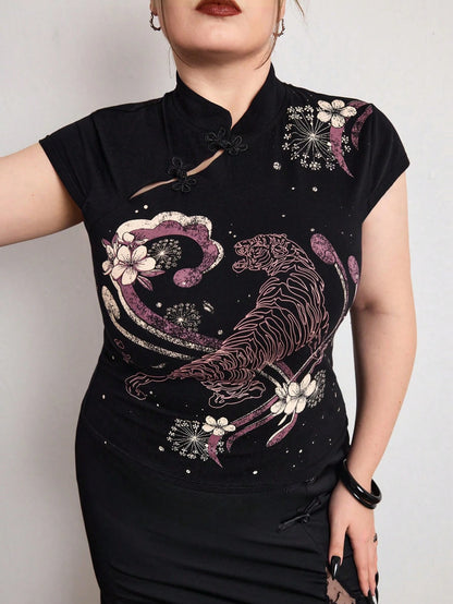 ROMWE Avant Summer Outfits Distinctive Chinese Style Mandarin Collar Tiger Print Slim Fit Plus Size Women Top Chinese Style Top