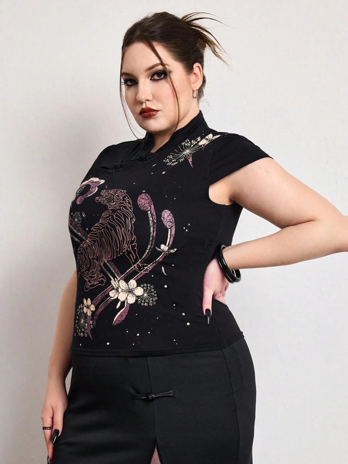 ROMWE Avant Summer Outfits Distinctive Chinese Style Mandarin Collar Tiger Print Slim Fit Plus Size Women Top Chinese Style Top