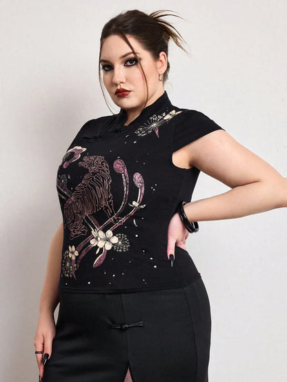 ROMWE Avant Summer Outfits Distinctive Chinese Style Mandarin Collar Tiger Print Slim Fit Plus Size Women Top Chinese Style Top