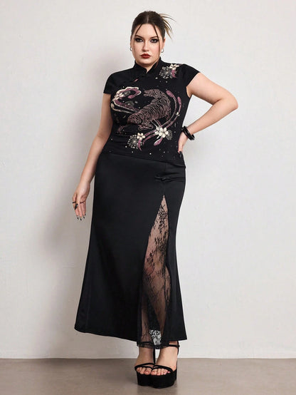 ROMWE Avant Summer Outfits Distinctive Chinese Style Mandarin Collar Tiger Print Slim Fit Plus Size Women Top Chinese Style Top