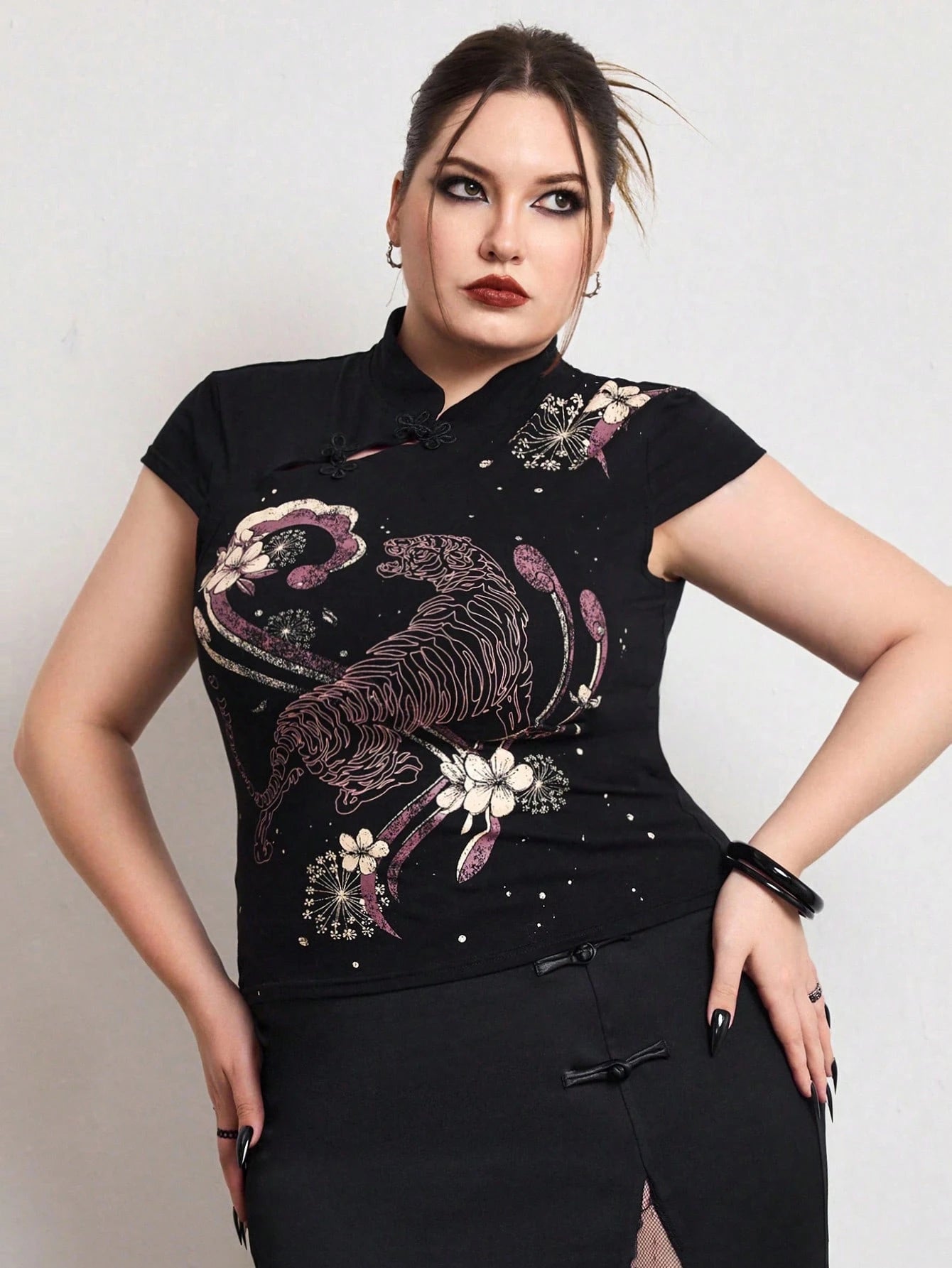 ROMWE Avant Summer Outfits Distinctive Chinese Style Mandarin Collar Tiger Print Slim Fit Plus Size Women Top Chinese Style Top