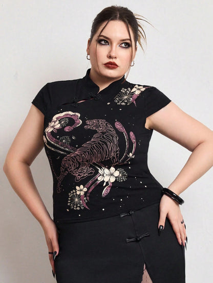 ROMWE Avant Summer Outfits Distinctive Chinese Style Mandarin Collar Tiger Print Slim Fit Plus Size Women Top Chinese Style Top