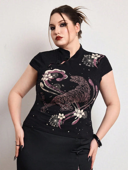 ROMWE Avant Summer Outfits Distinctive Chinese Style Mandarin Collar Tiger Print Slim Fit Plus Size Women Top Chinese Style Top