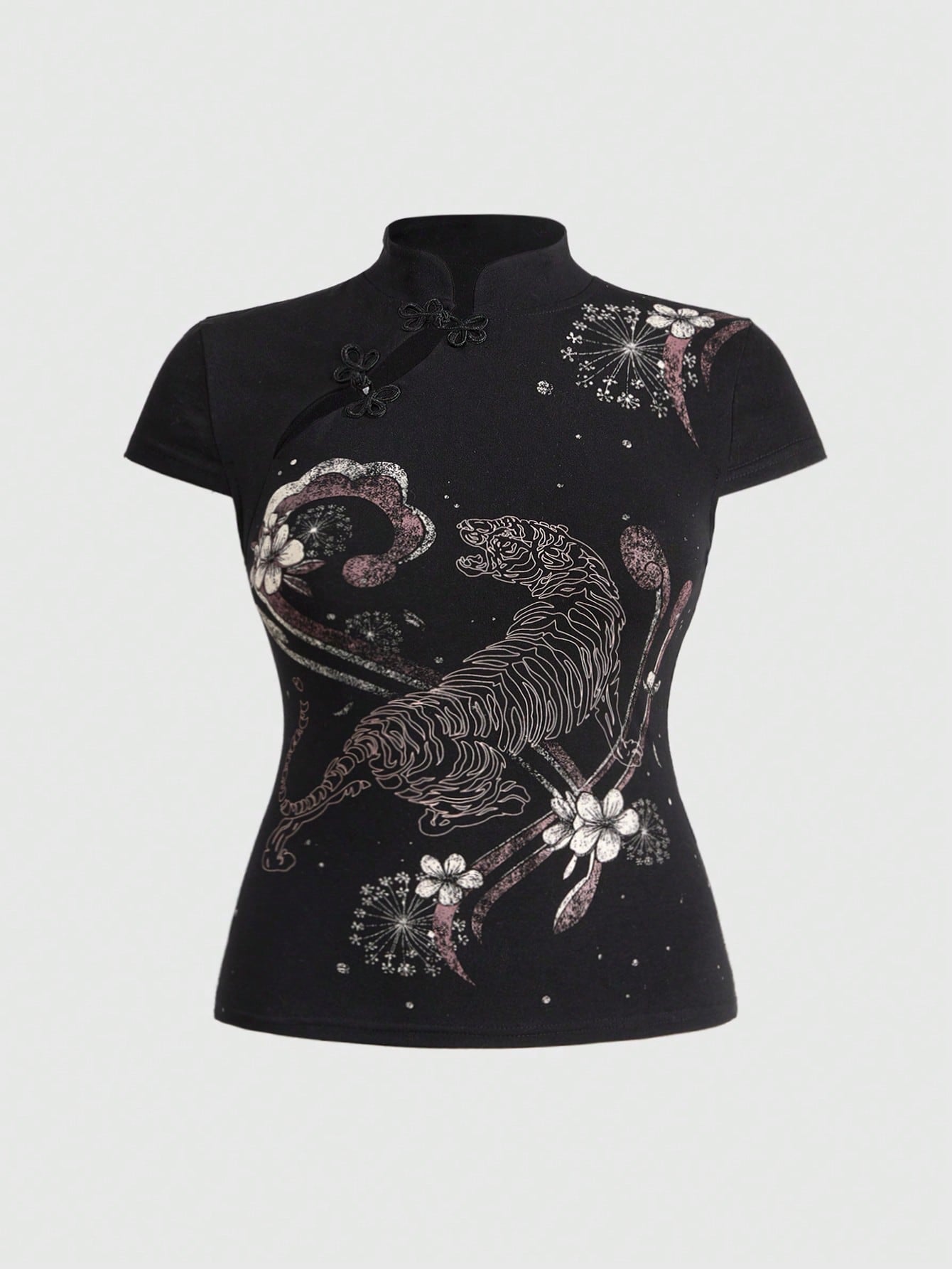 ROMWE Avant Summer Outfits Distinctive Chinese Style Mandarin Collar Tiger Print Slim Fit Plus Size Women Top Chinese Style Top