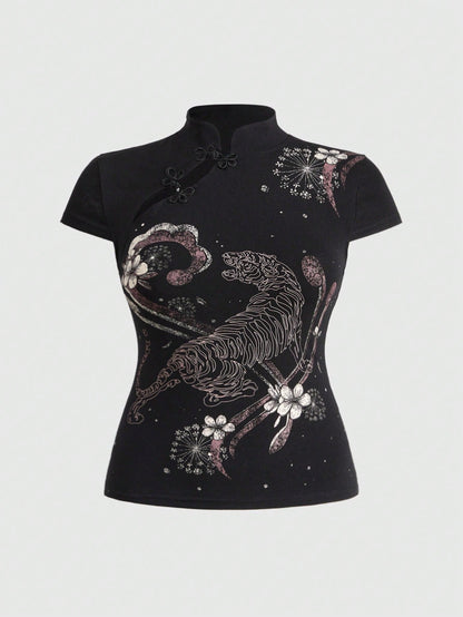 ROMWE Avant Summer Outfits Distinctive Chinese Style Mandarin Collar Tiger Print Slim Fit Plus Size Women Top Chinese Style Top