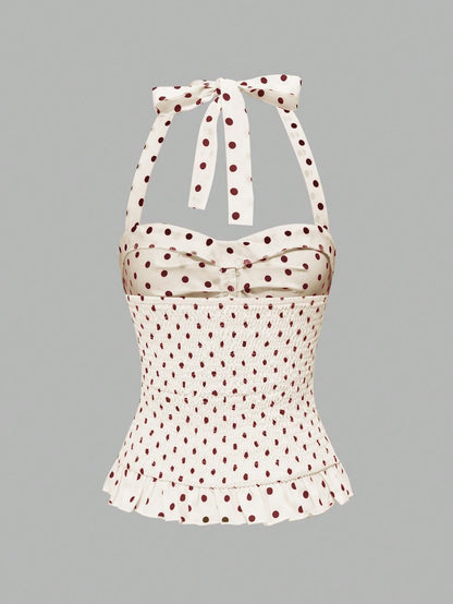 ROMWE Avant Women's Romantic Vacation Style Polka Dot & Plaid Backless Halter Neck Camisole Set