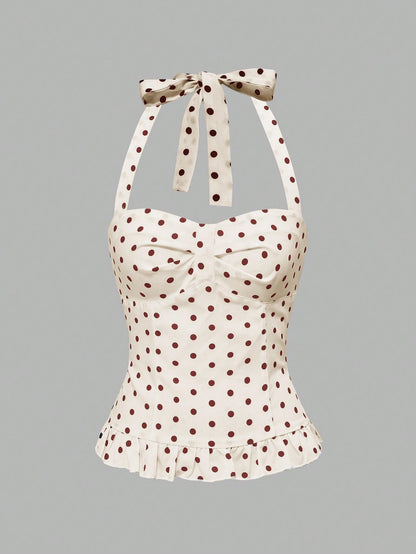 ROMWE Avant Women's Romantic Vacation Style Polka Dot & Plaid Backless Halter Neck Camisole Set