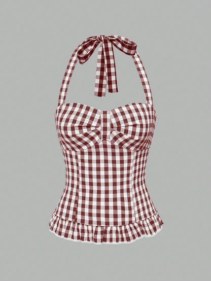 ROMWE Avant Women's Romantic Vacation Style Polka Dot & Plaid Backless Halter Neck Camisole Set
