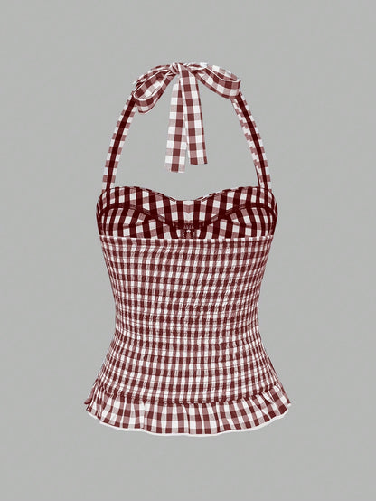 ROMWE Avant Women's Romantic Vacation Style Polka Dot & Plaid Backless Halter Neck Camisole Set