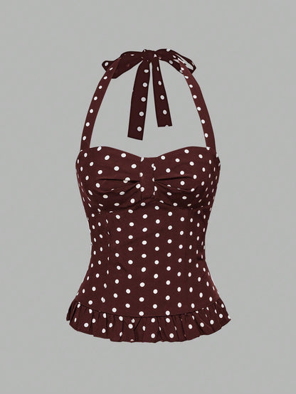 ROMWE Avant Women's Romantic Vacation Style Polka Dot & Plaid Backless Halter Neck Camisole Set