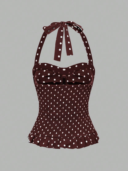 ROMWE Avant Women's Romantic Vacation Style Polka Dot & Plaid Backless Halter Neck Camisole Set
