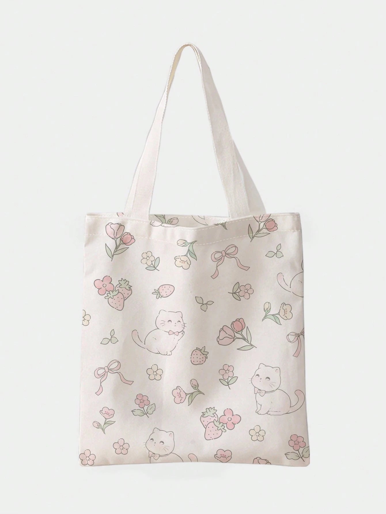 ROMWE Cat, Flower, Bow And Strawberry Printed Canvas Shoulder Bag, Double-Sided Pattern, & Cute Strawberry Purse, Exquisite Floral Bag For Women, Kawaii, Strawberry