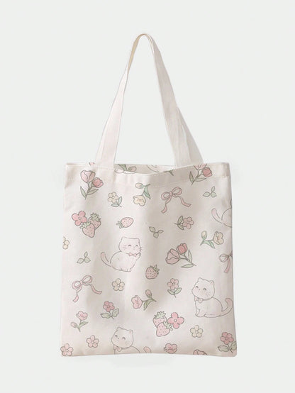 ROMWE Cat, Flower, Bow And Strawberry Printed Canvas Shoulder Bag, Double-Sided Pattern, & Cute Strawberry Purse, Exquisite Floral Bag For Women, Kawaii, Strawberry