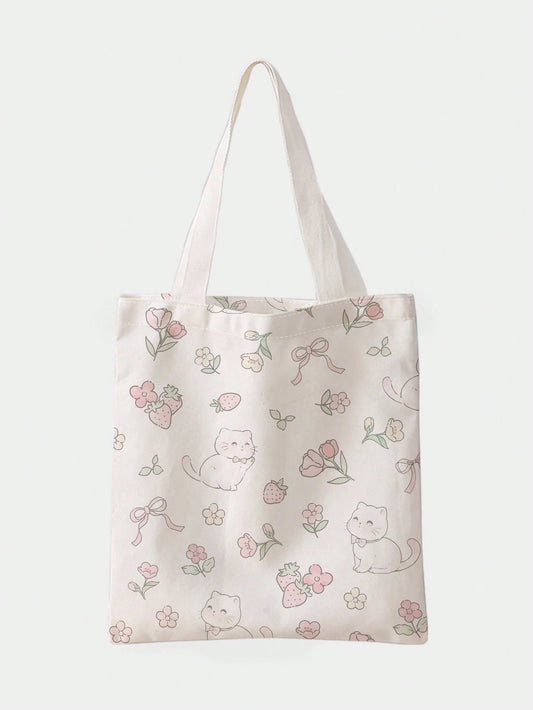 ROMWE Cat, Flower, Bow And Strawberry Printed Canvas Shoulder Bag, Double-Sided Pattern, & Cute Strawberry Purse, Exquisite Floral Bag For Women, Kawaii, Strawberry