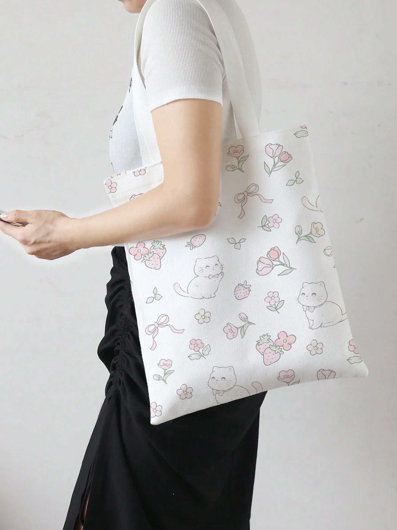 ROMWE Cat, Flower, Bow And Strawberry Printed Canvas Shoulder Bag, Double-Sided Pattern, & Cute Strawberry Purse, Exquisite Floral Bag For Women, Kawaii, Strawberry