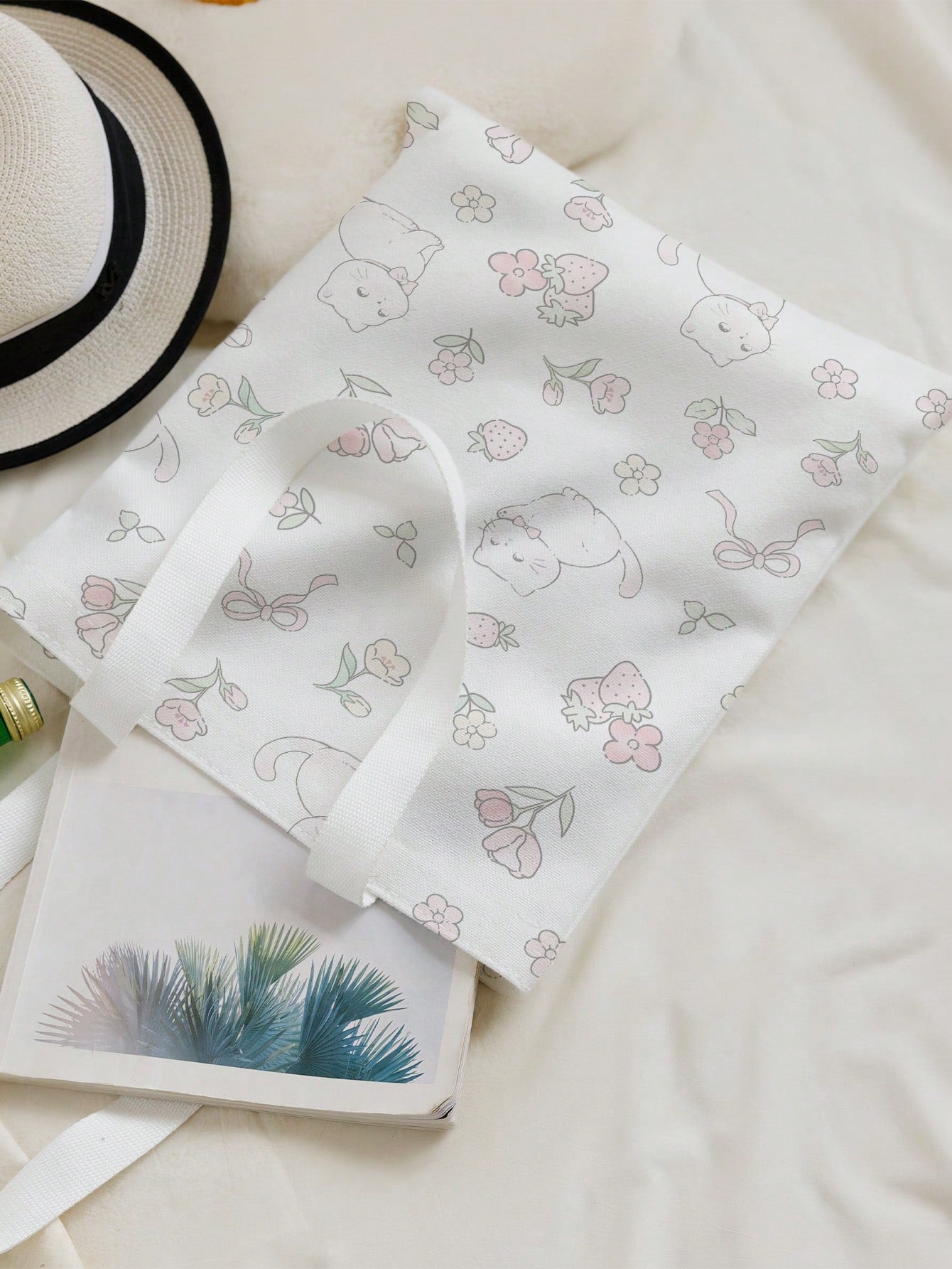 ROMWE Cat, Flower, Bow And Strawberry Printed Canvas Shoulder Bag, Double-Sided Pattern, & Cute Strawberry Purse, Exquisite Floral Bag For Women, Kawaii, Strawberry
