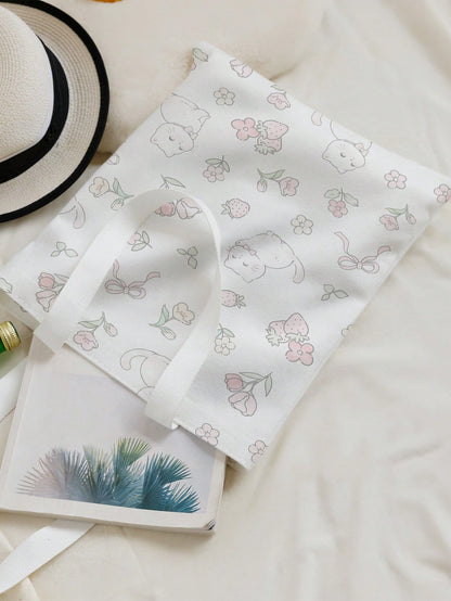 ROMWE Cat, Flower, Bow And Strawberry Printed Canvas Shoulder Bag, Double-Sided Pattern, & Cute Strawberry Purse, Exquisite Floral Bag For Women, Kawaii, Strawberry