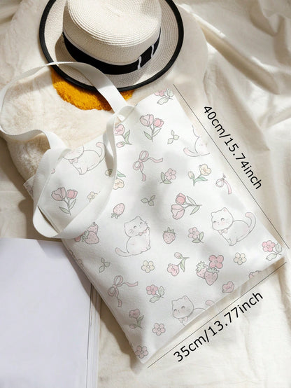ROMWE Cat, Flower, Bow And Strawberry Printed Canvas Shoulder Bag, Double-Sided Pattern, & Cute Strawberry Purse, Exquisite Floral Bag For Women, Kawaii, Strawberry