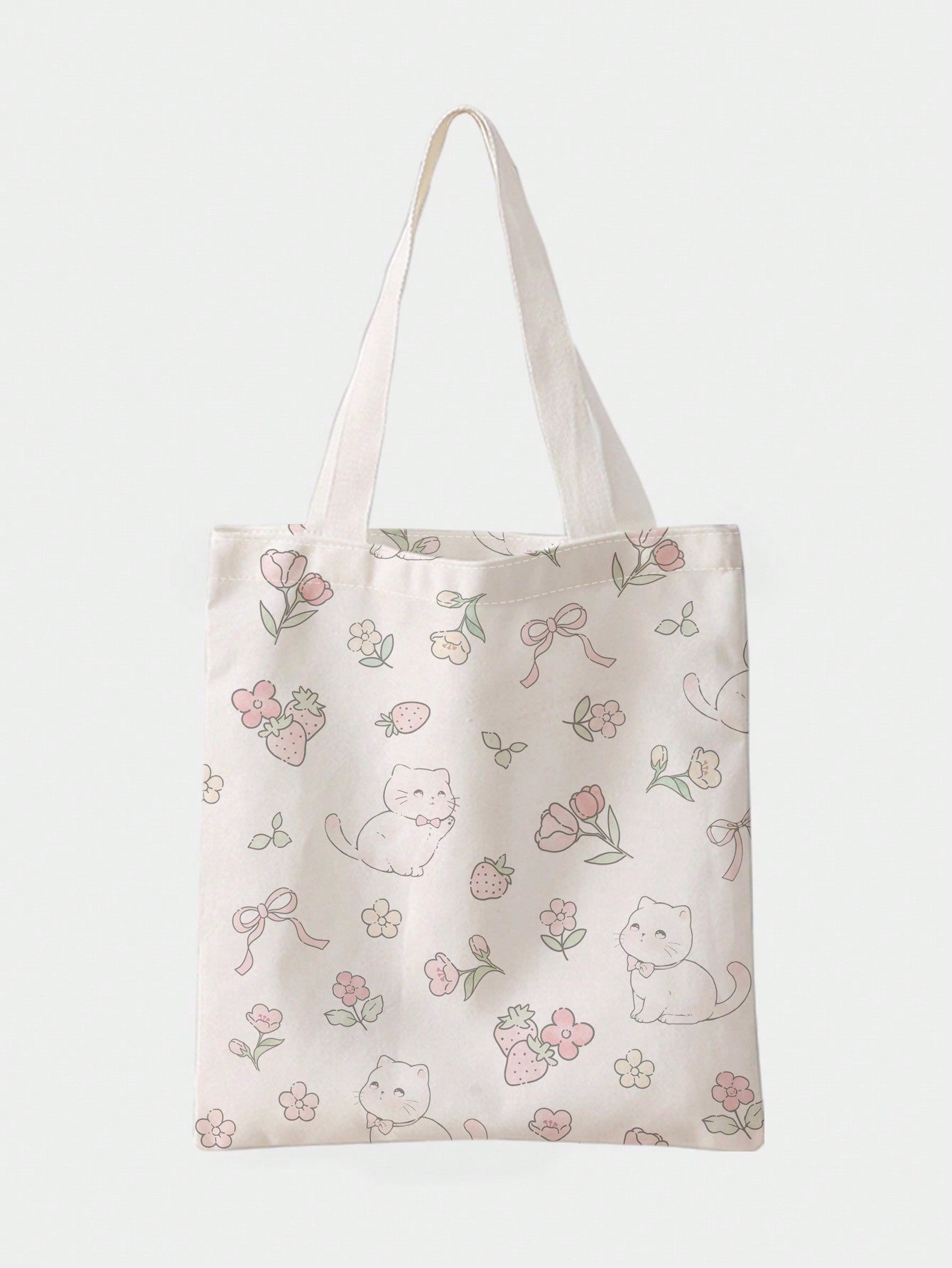 ROMWE Cat, Flower, Bow And Strawberry Printed Canvas Shoulder Bag, Double-Sided Pattern, & Cute Strawberry Purse, Exquisite Floral Bag For Women, Kawaii, Strawberry