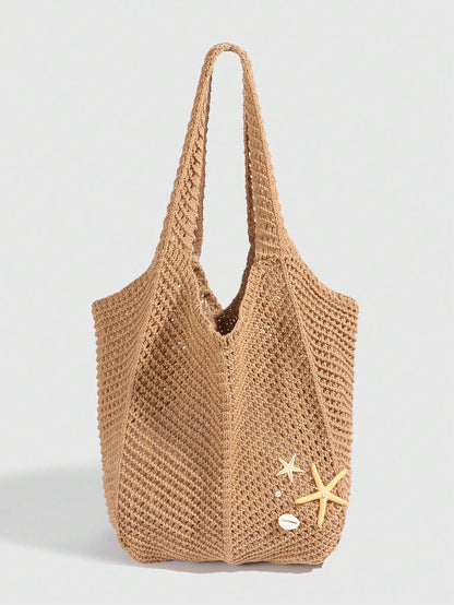 ROMWE Fairycore 1pc Tropical Ocean Beach Resort Style Woven Hollow Khaki Women Shoulder Tote Bag, Large Capacity, Beach Bag