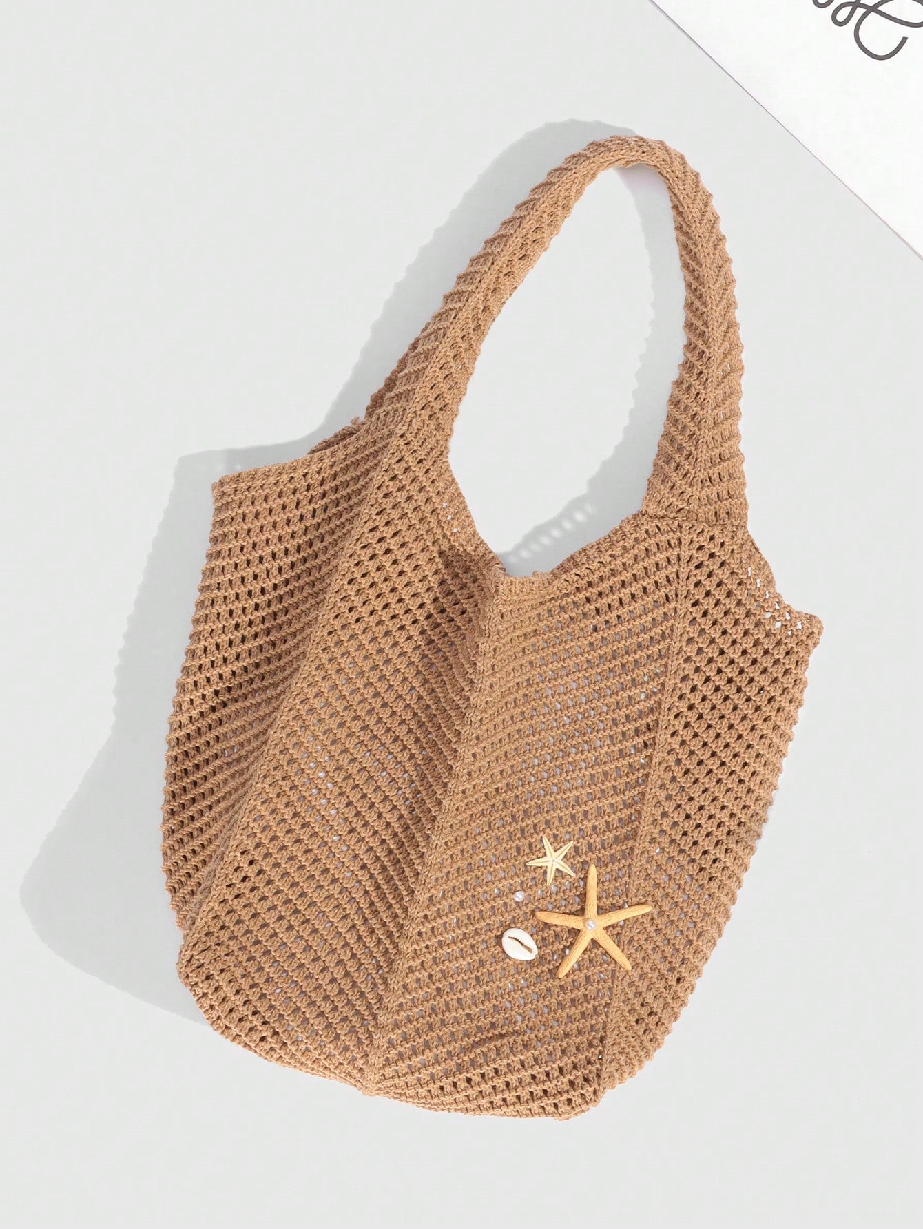 ROMWE Fairycore 1pc Tropical Ocean Beach Resort Style Woven Hollow Khaki Women Shoulder Tote Bag, Large Capacity, Beach Bag