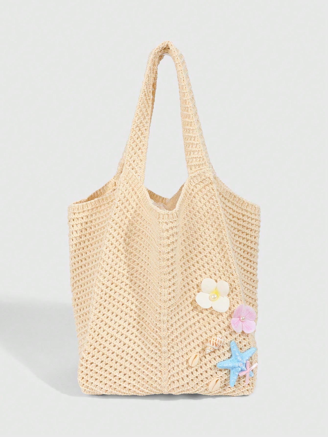 ROMWE Fairycore 1pc Tropical Ocean Beach Resort Style Woven Hollow Khaki Women Shoulder Tote Bag, Large Capacity, Beach Bag