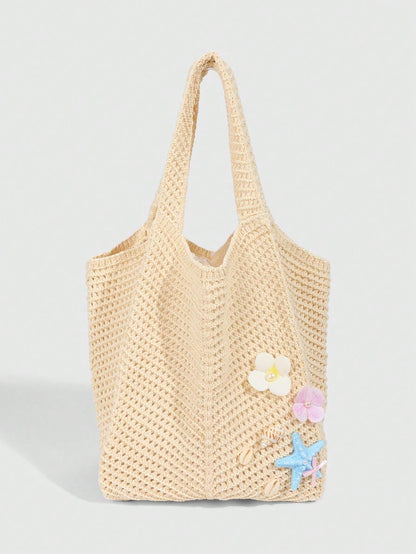ROMWE Fairycore 1pc Tropical Ocean Beach Resort Style Woven Hollow Khaki Women Shoulder Tote Bag, Large Capacity, Beach Bag