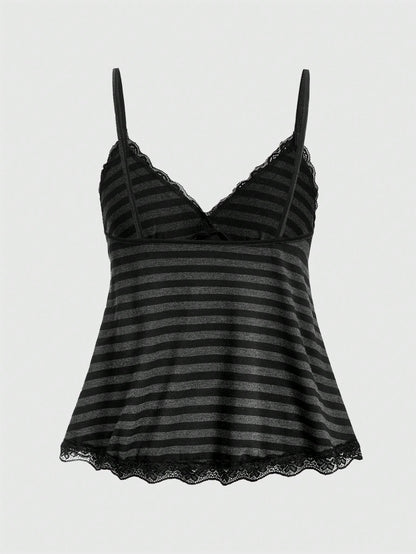 ROMWE Fairycore Striped Contrast Lace Cami Top