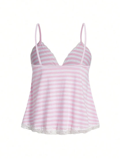 ROMWE Fairycore Striped Contrast Lace Cami Top