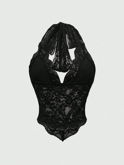 ROMWE Fairycore Women's Solid Color Sexy Lace Halter Neck Camisole