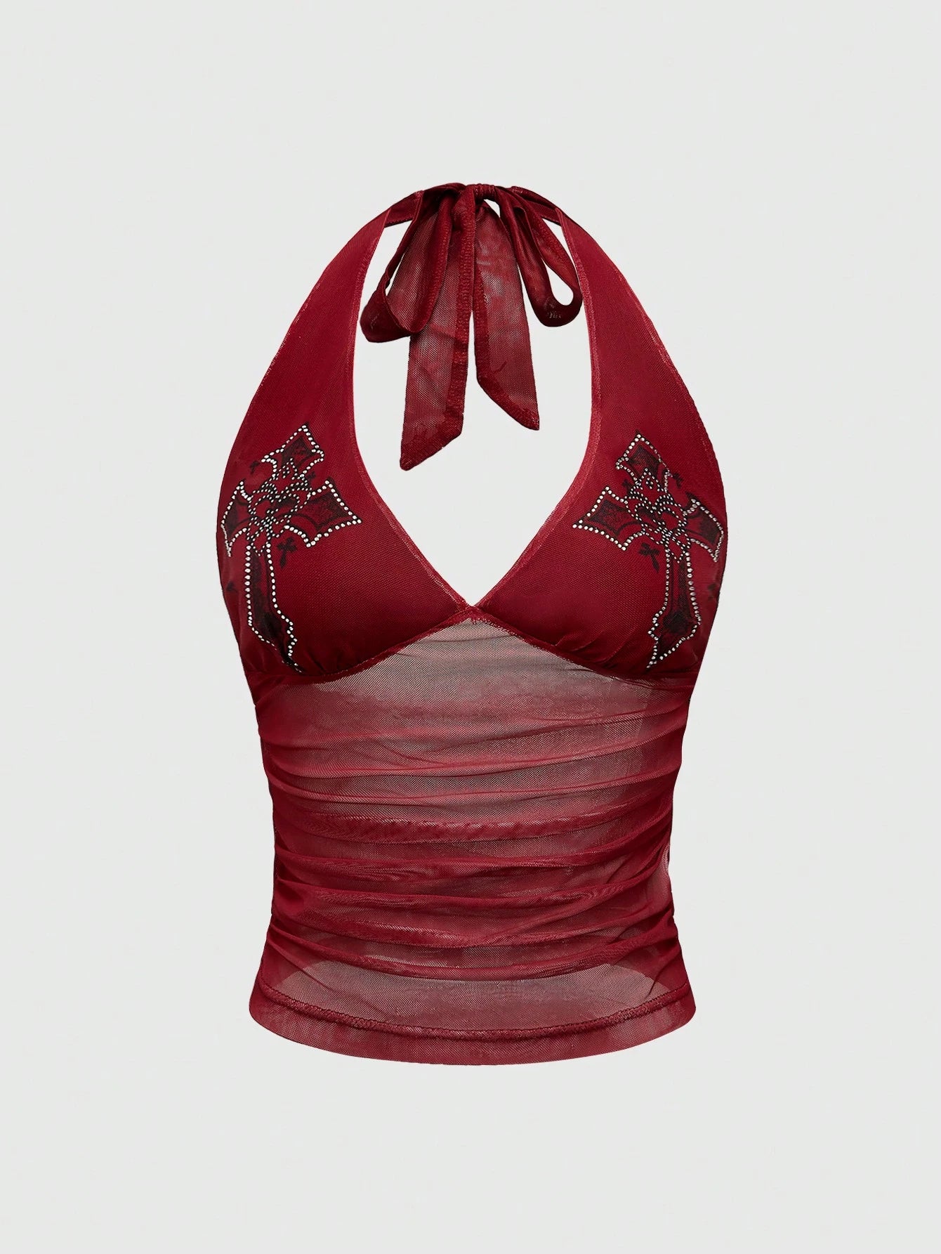 ROMWE Goth Cross Rhinestone Mesh Side Ruched Halter Top, For Carnival