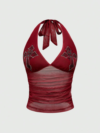 ROMWE Goth Cross Rhinestone Mesh Side Ruched Halter Top, For Carnival