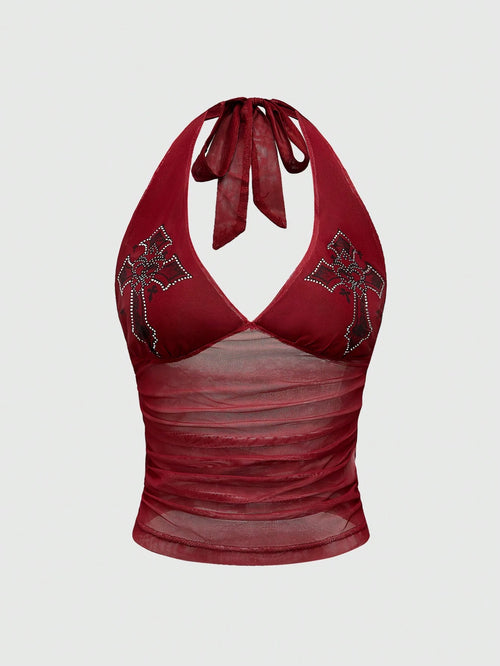 ROMWE Goth Cross Rhinestone Mesh Side Ruched Halter Top, For Carnival